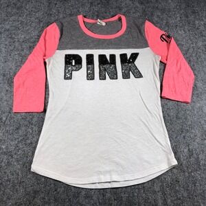 Victoria's Secret Pink Shirt Womens XS Sequin Graphic 3/4 Sleeve Tee